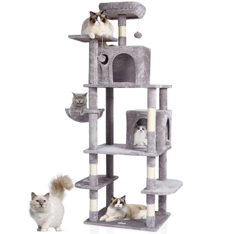 Cat Tree for Indoor Cats, 68.5" Cat Tower with 2 Cat Condos, Large Cat Furniture Activity Center with Hang Ball - 68.5" - Light Grey