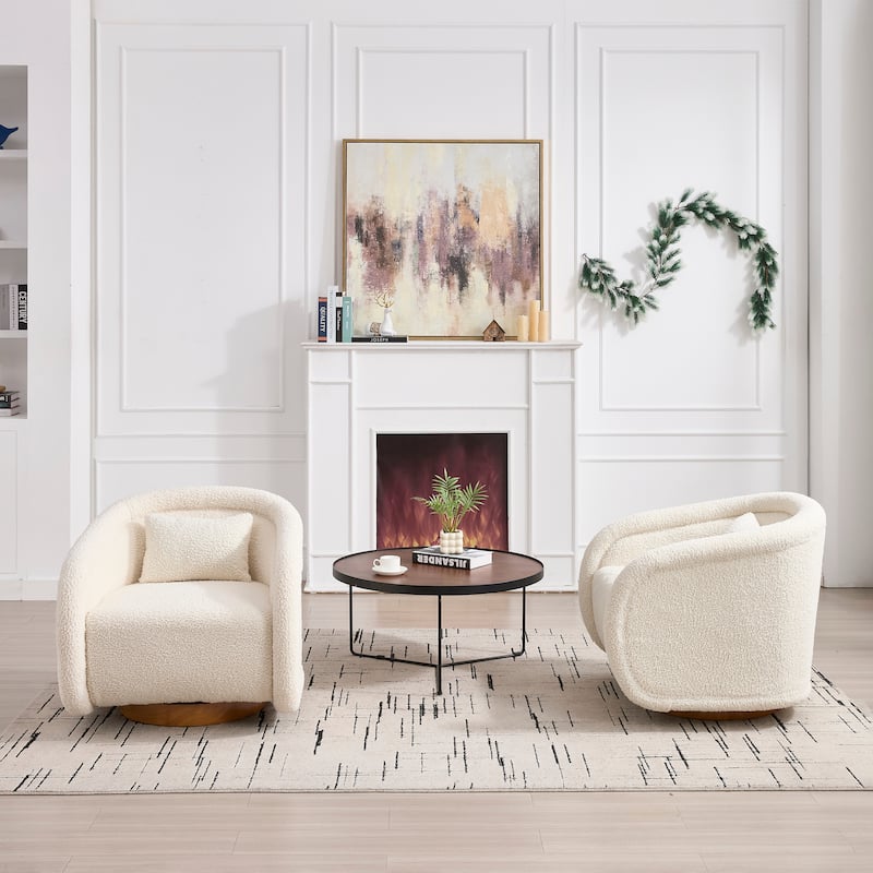 360° Swivel Upholstered Barrel Chair, Comfy Single Arm Reading Sofa, Leisure Club Chair with Cushion & Solid Wood Base