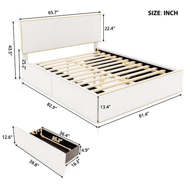 Upholstered Wood Platform Bed Frame with 4 Drawers Storage