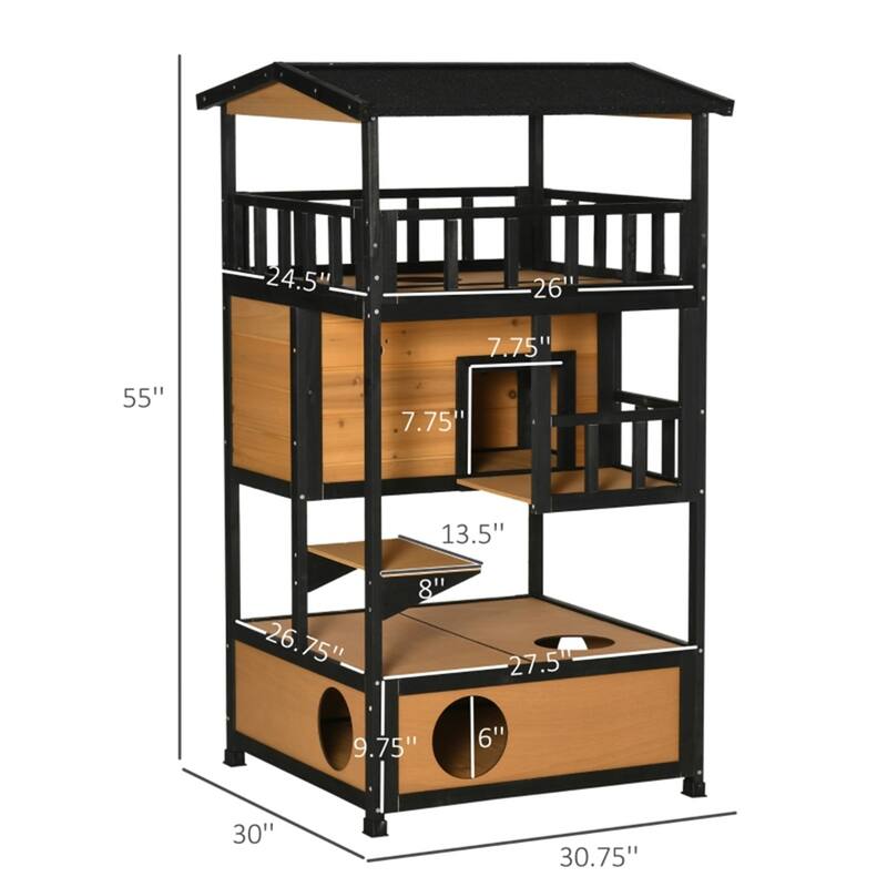 Durable Wooden Cat House with Two Floors, Entrances, and Waterproof Roof for Indoor/Outdoor Use - 30.75"L x 21.75"W x 35.75"H