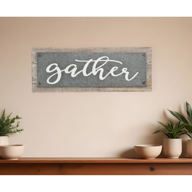 HomeRoots 10" X 25" Brown and Gray Gather Wood and Metal Wall Decor - Brown/Gray - 25.25 in. x 9.5 in.  x 1.75 in.