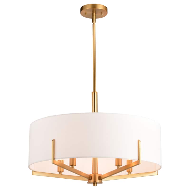 Surrey 5 Light Natural Brass Mid-Century Modern Chandelier White Fabric Drum Shade - 22-in W x 15.5-in H x 22-in D