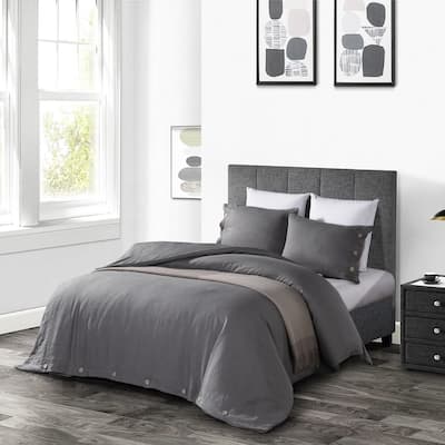 WHOLINENS Stone Washed French Linen Duvet Set 3Pcs Coconut Shell Button Closure