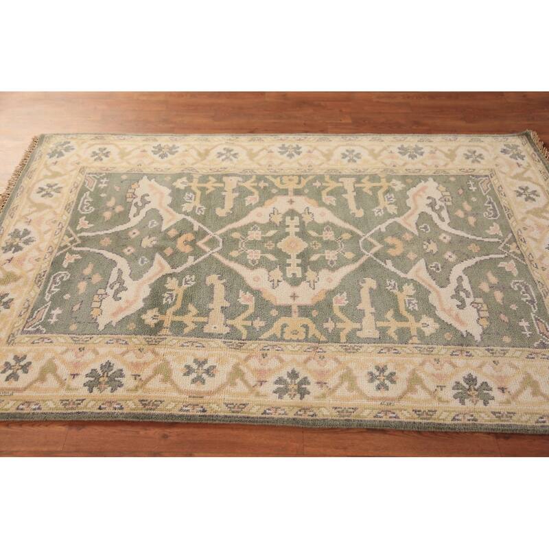 Green Oushak Oriental Rug Transitional Hand-Knotted Wool Carpet - 4'2"x 6'2"