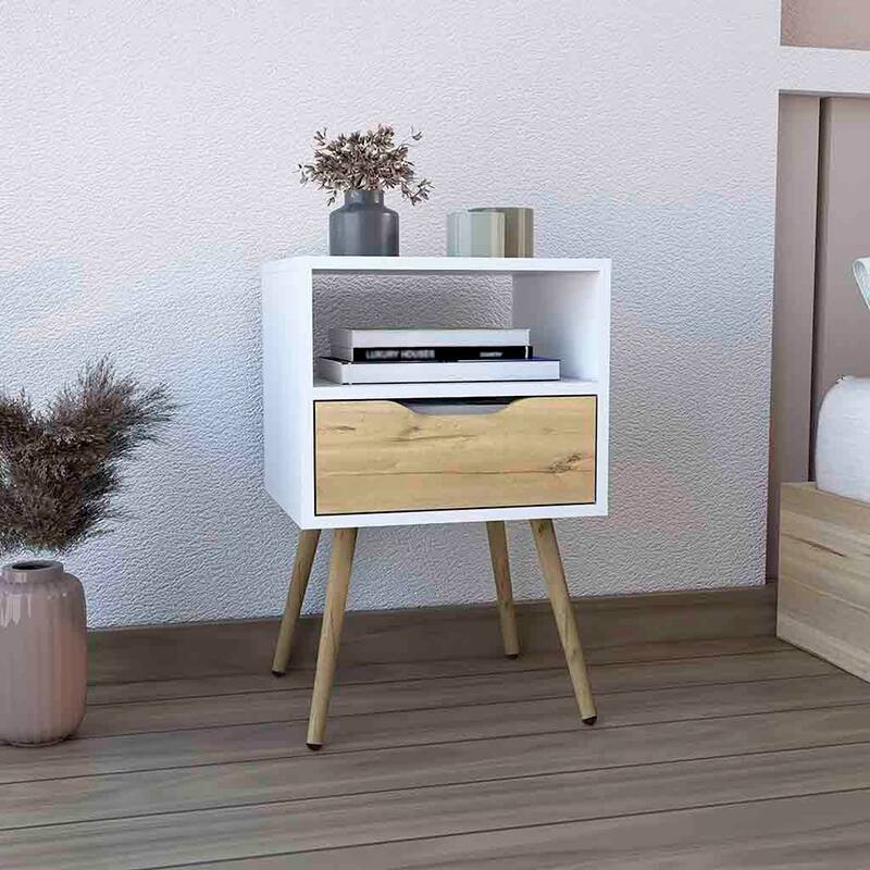 25inch White and Light Oak Nightstand with One Drawer and Open Shelf - Multicolor
