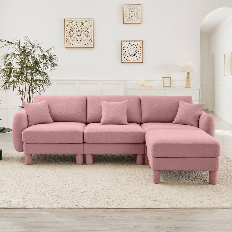 109.4" 3-Seater Modern Upholstered Sofa Couch, Deep-Seat Sectional Sofa with Shell-Shaped Armrests, Leisure Sofa for Living Room - Pink- 3-Seater-1 Ottoman
