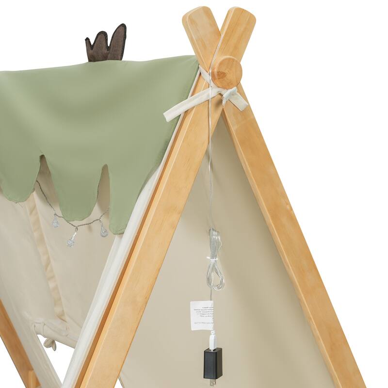 House Bed with Antler Accents Light Tent and Roof Wood Bed Frame