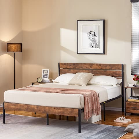 VECELO Industrial Wood Bed Frame with Headboard Twin/Full/Queen Bed