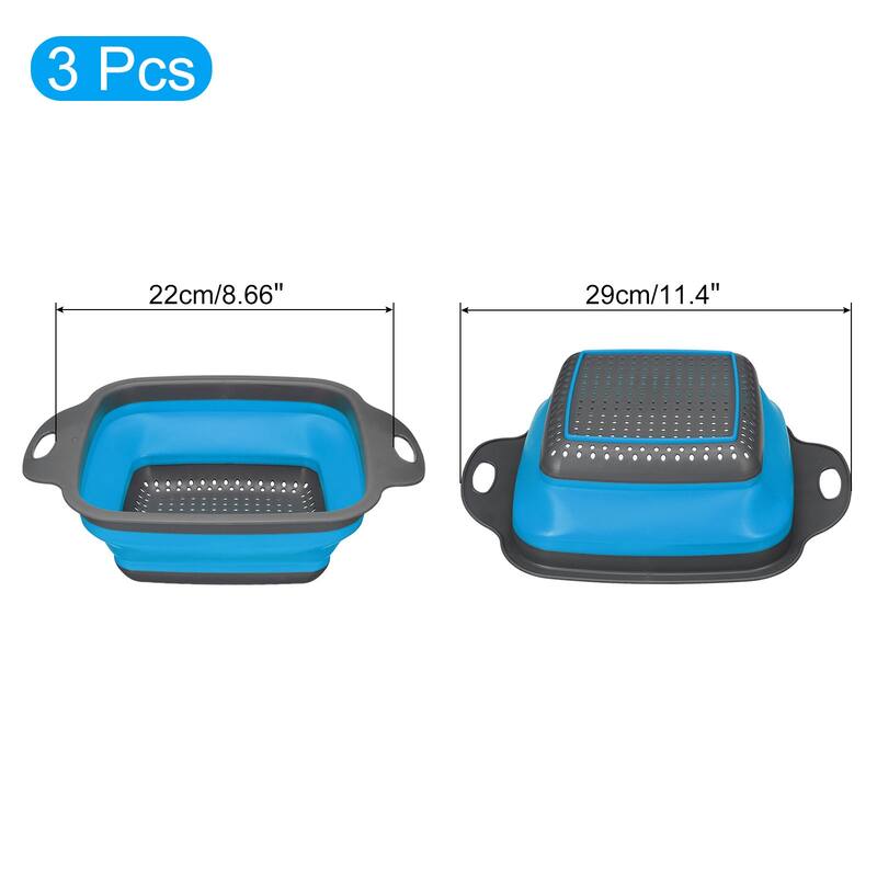Collapsible Colander Set Silicone Square Foldable Strainer with Handle - 29cm x 22cm x 9cm - Blue
