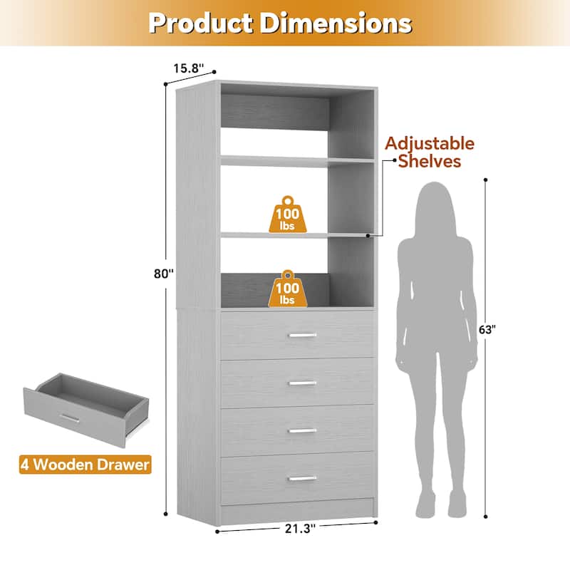 Freestanding Closet Organizer with 4 Drawers and 4 Shelves, Wooden Closet System for Walk-in Closet