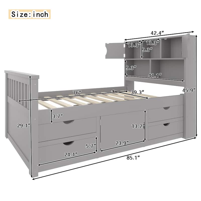 Twin Size Captain Platform Bed Frame with Storage Bookcases and Shelves,Four Drawers