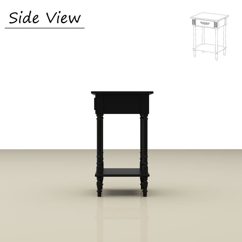 Vintage End Table with Drawer and Shelf, French Style Nightstand with Solid Wood Legs, White Accent Table