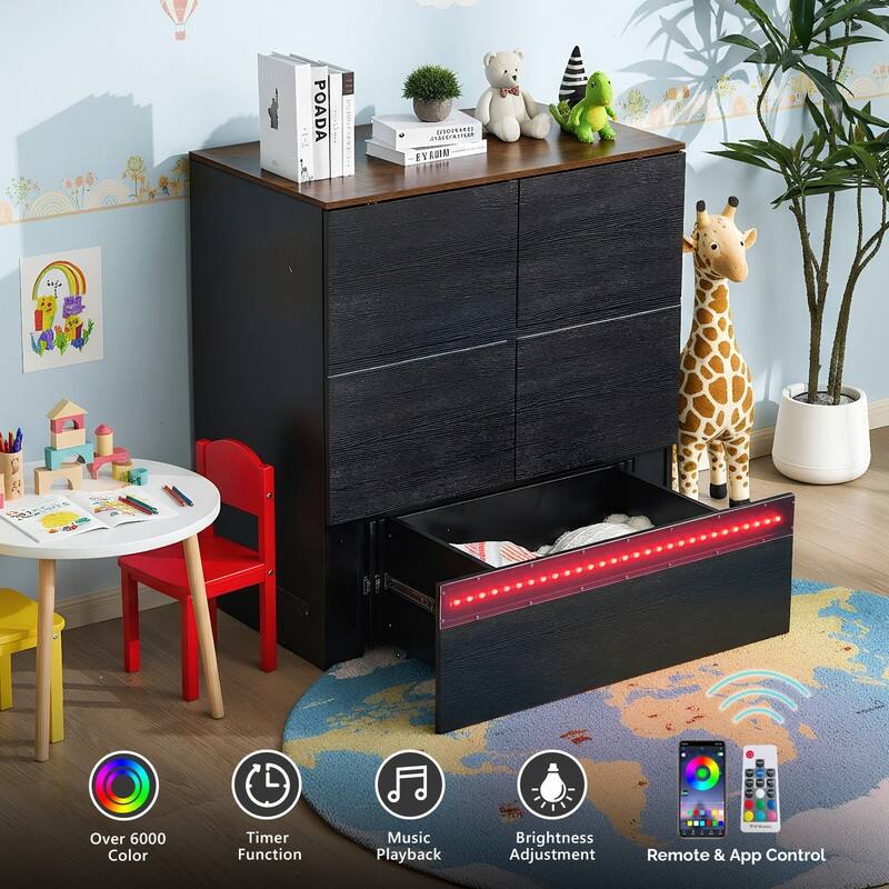 Murphy Bed with Storage Drawer,Smart LED Lighting & Built-in Charging Station, Space-Saving Cabinet Bed for Kids,Adults,Black