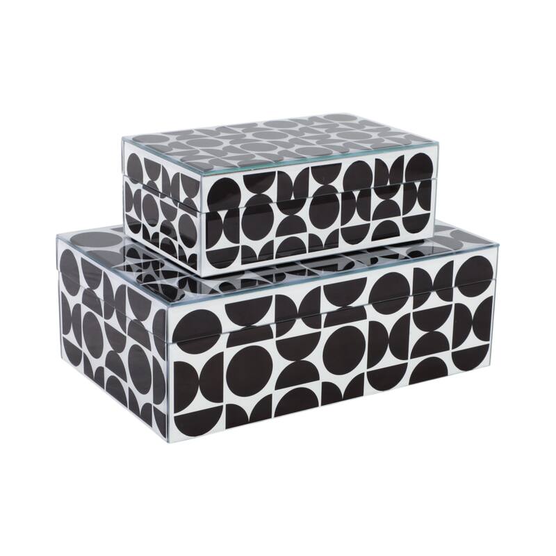 Decorative Abstract Pattern Box with Lid - Set of 2, 11", Black - 11.0"