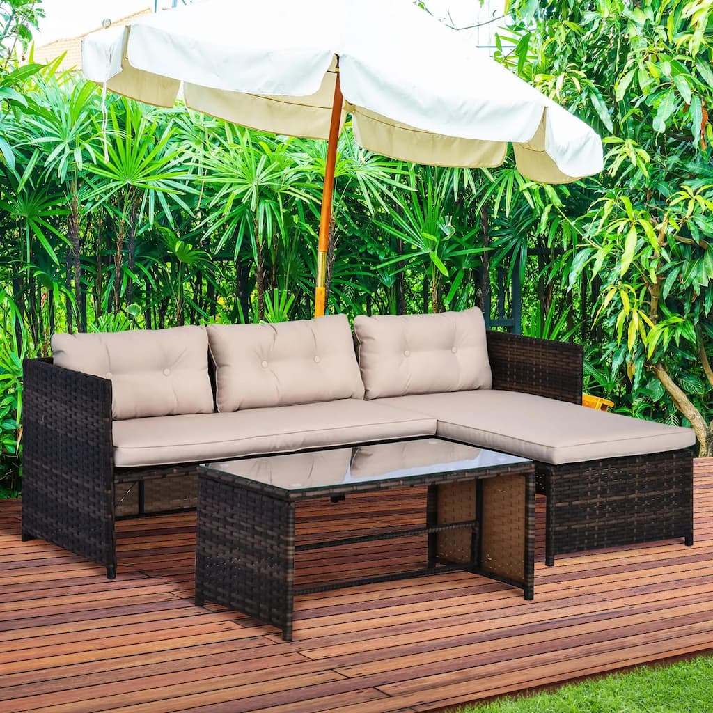 3PC PE Rattan Sectional Set, Chaise Loveseat Ottoman, Deep Cushion