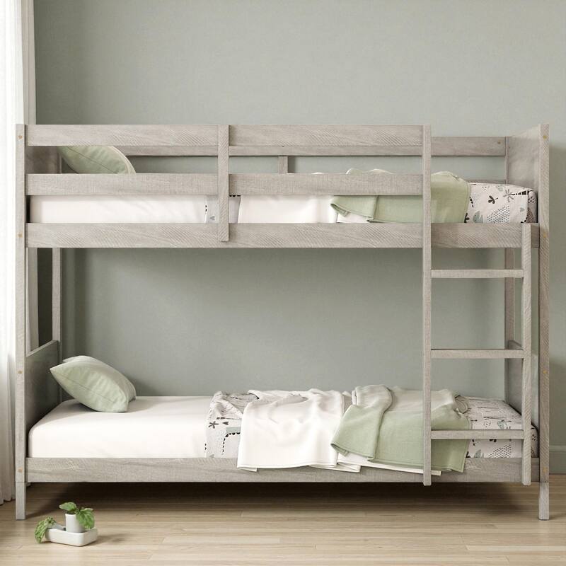 Twin Over Twin Floor Bunk Bed with Ladder and Guardrails, Solid Rubber Wood Frame with Panel Headboard and Footboard