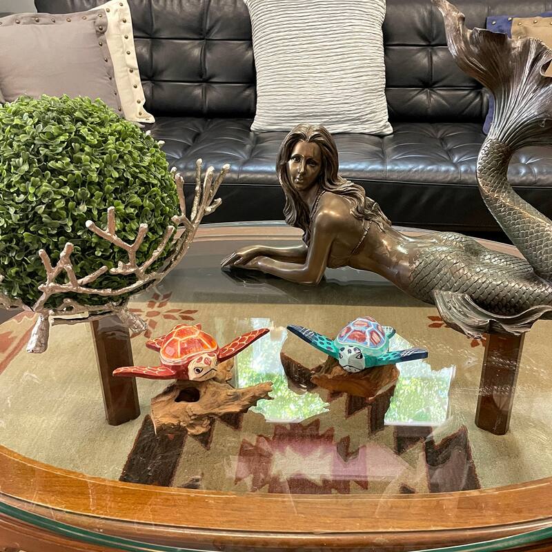 Handcrafted Sea Turtle Sculptures Set Of 2, Coastal Wood Art, Ocean - 4 X 7 X 5 inches