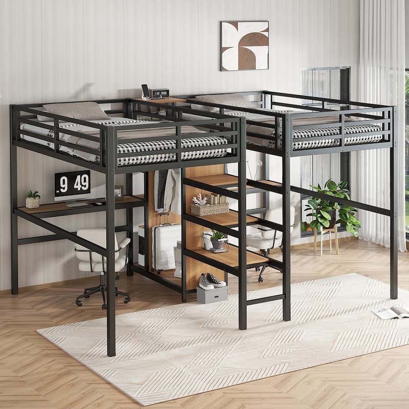 Twin Over Twin Metal Loft Bed with Double Desk, Wardrobe & Shelves