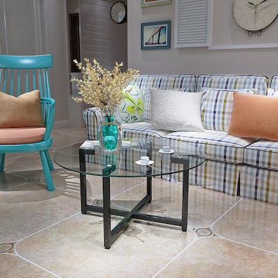 35.5'' Round End Table Modern Side Table with Metal Frame Sofa Center Tables with Tempered Glass Tabletop