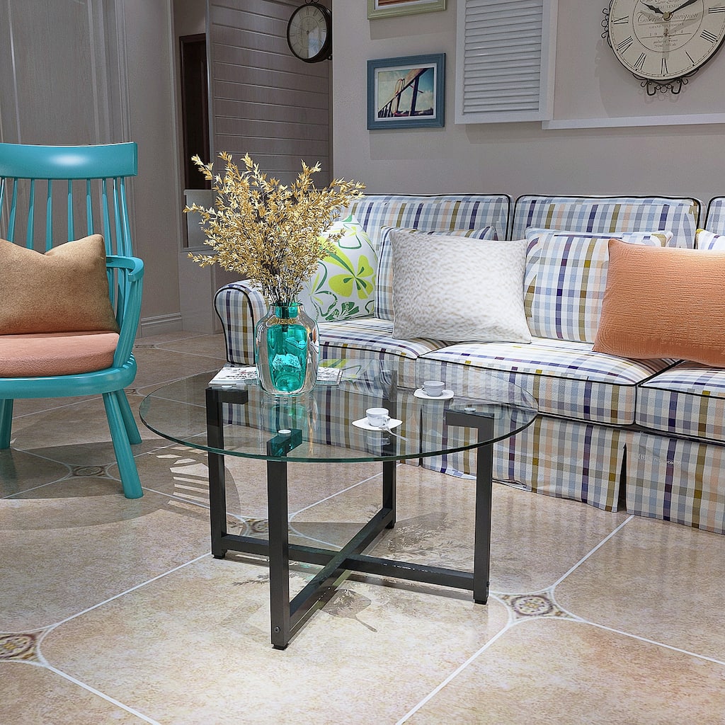 35.5'' Round End Table Modern Side Table with Metal Frame Sofa Center Tables with Tempered Glass Tabletop