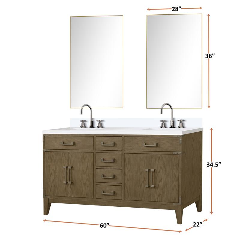 Laurel 60 in W x 22 in D Black Oak Double Bath Vanity, White Quartz Top, Faucet Set, and 28 in Mirrors