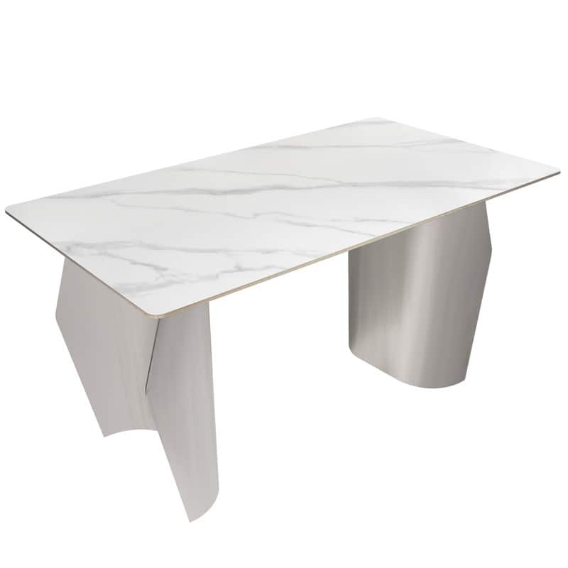 Zelan Mid-Century Modern Sintered Stone Dining Table - Rectangular Kitchen Table with Semi-Circular Steel Legs