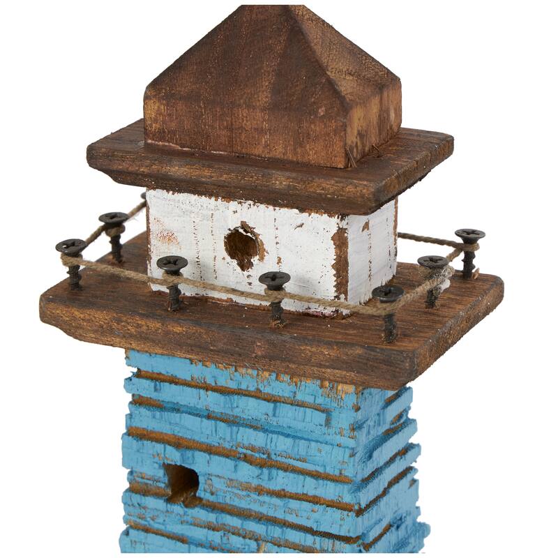 Red Wood Distressed Light House Decorative Sculpture with Blue and Brown Accents (Set of 2)