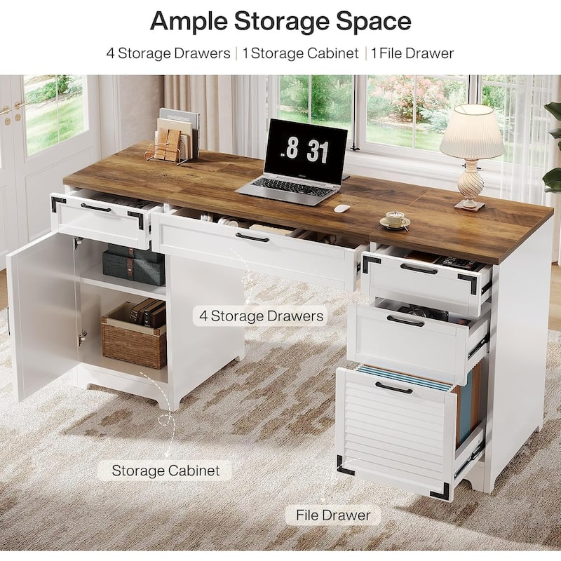 Farmhouse Computer Desk with File Drawers and Storage Cabinet