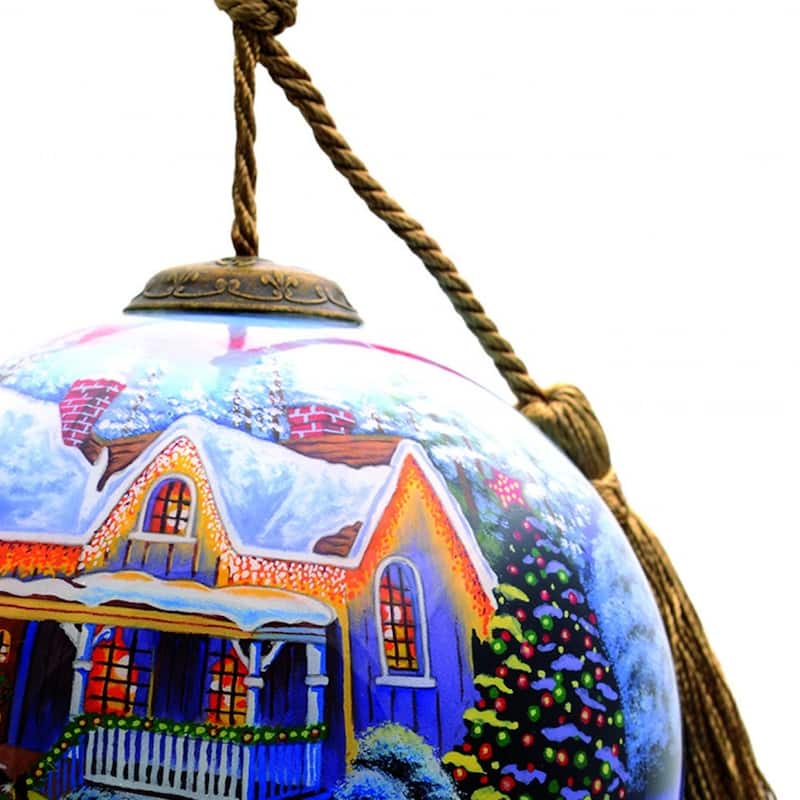 Christmas Home and Horse Carriage Hand Painted Mouth Blown Glass Ornament - 4" x 4" x 4"