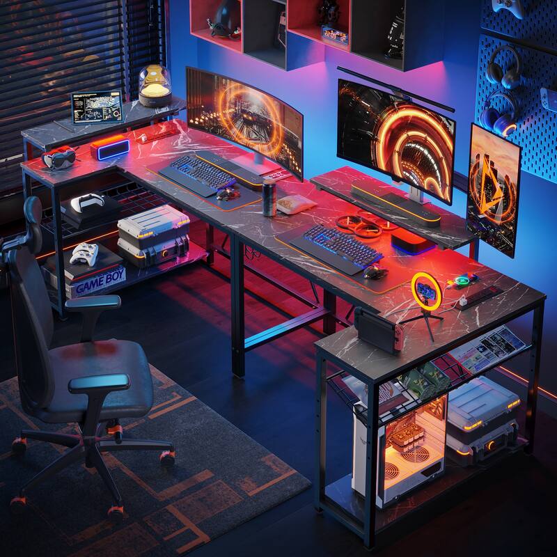 Bestier 42" Gaming Desk with Power Outlets, L-Shaped Desk with LED Lights and Reversible