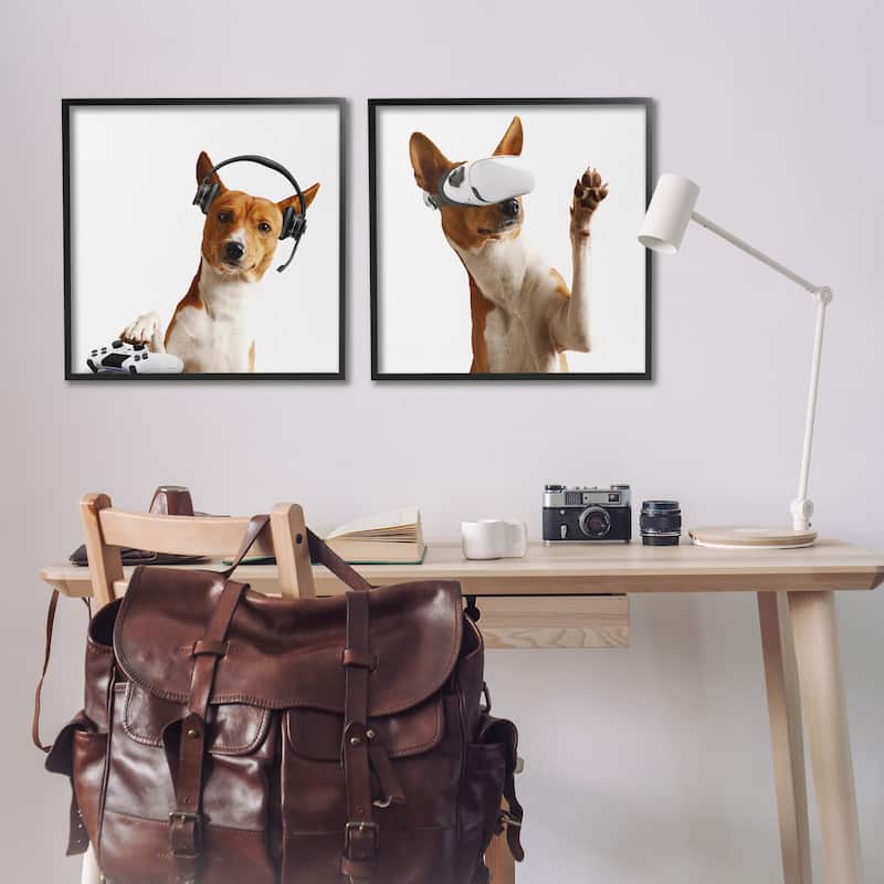 Stupell Video Game Dogs with VR Framed Giclee Art Design By CAD Design (Set of 2)