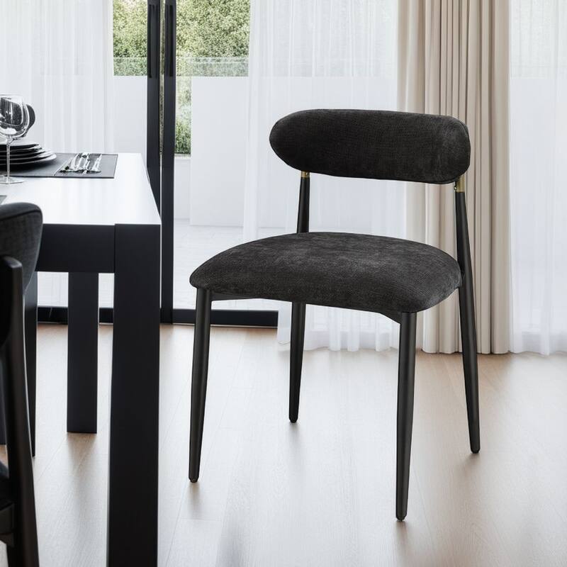 Vonn Side Dining Chair Set of 2, Black Chenille, Curved, Metal Legs