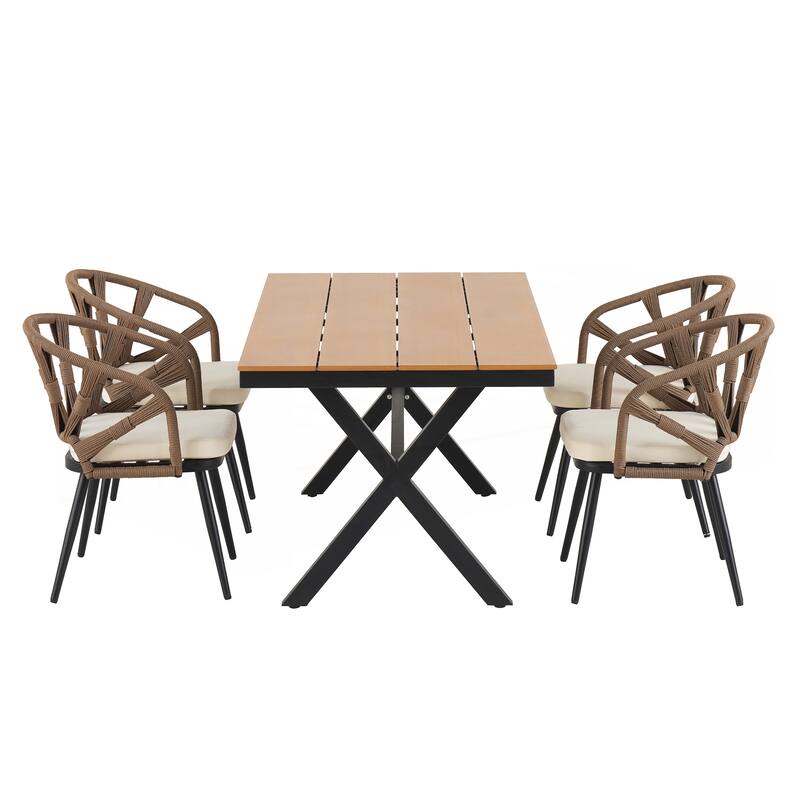 Contemporary Outdoor Set with PE Rattan Chairs and Plastic Wood Table