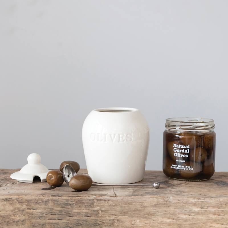 Debossed Stoneware Jar with Stainless Steel Slotted Spoon Olives - 4.0"L x 4.0"W x 5.8"H - 4.0"L x 4.0"W x 5.8"H