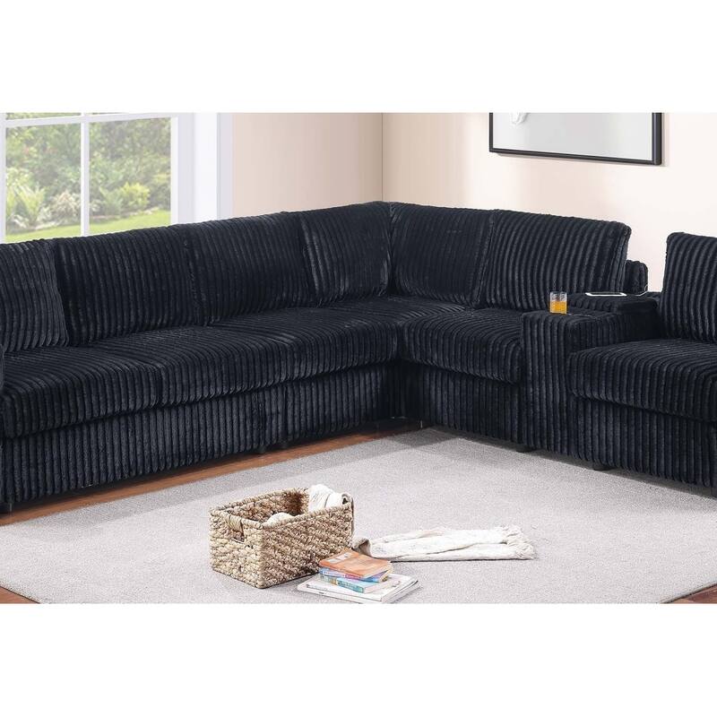 119" Modern L-Shaped Corduroy Sectional Sofa with USB Ports and Cup Holder