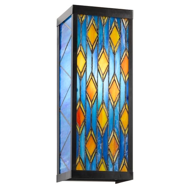 slide 2 of 11, River of Goods Tiffany-Style Blue Stained Glass and Black Metal Rectangular 1-Light Outdoor Wall Sconce - 6.25" x 5.5" x 16.25" 6.25" x 5.5" x 16.25" - Blue/Yellow/Black