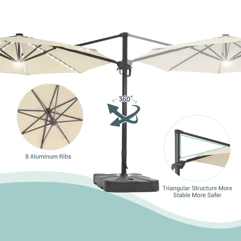 LIVOOSUN 11Ft Aluminum LED Patio Cantilever Offset Umbrella With Base