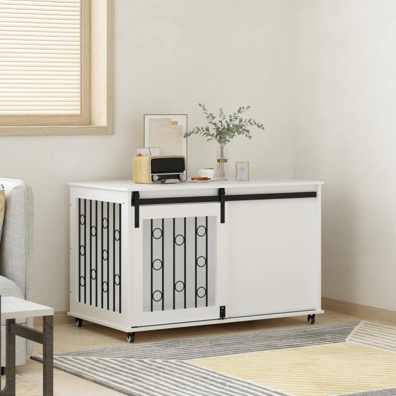 Anmytek Multifunctional Dog Crate Furniture with Sliding Barn Door, White Wooden Side Table Console