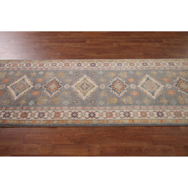 Grey Geometric Kazak Runner Rug Handmade Wool Carpet - 2'10" x 9'10"