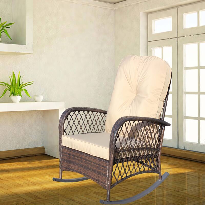 Outdoor Wicker Rocking Chair with Wide Seat, All- Weather Rattan Armchair for Poolside, Garden, Porch, Backyard