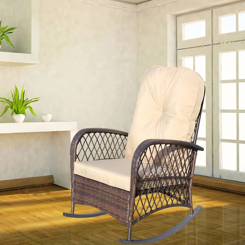 Outdoor Wicker Rocking Thick, Soft Cushion, Rattan Rocker, High Weight Capacity for Patio, Garden, Backyard