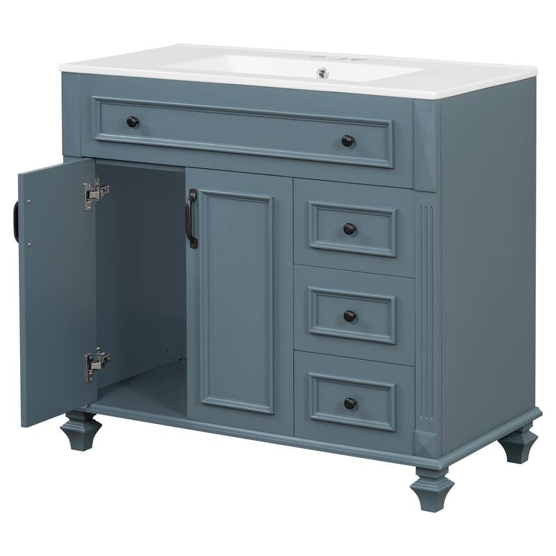 Roomfitters 36" Bathroom Vanity with Sink, Flip-Out Drawer, 3 Drawers, Soft-Close Doors, Solid Wood Cabinet