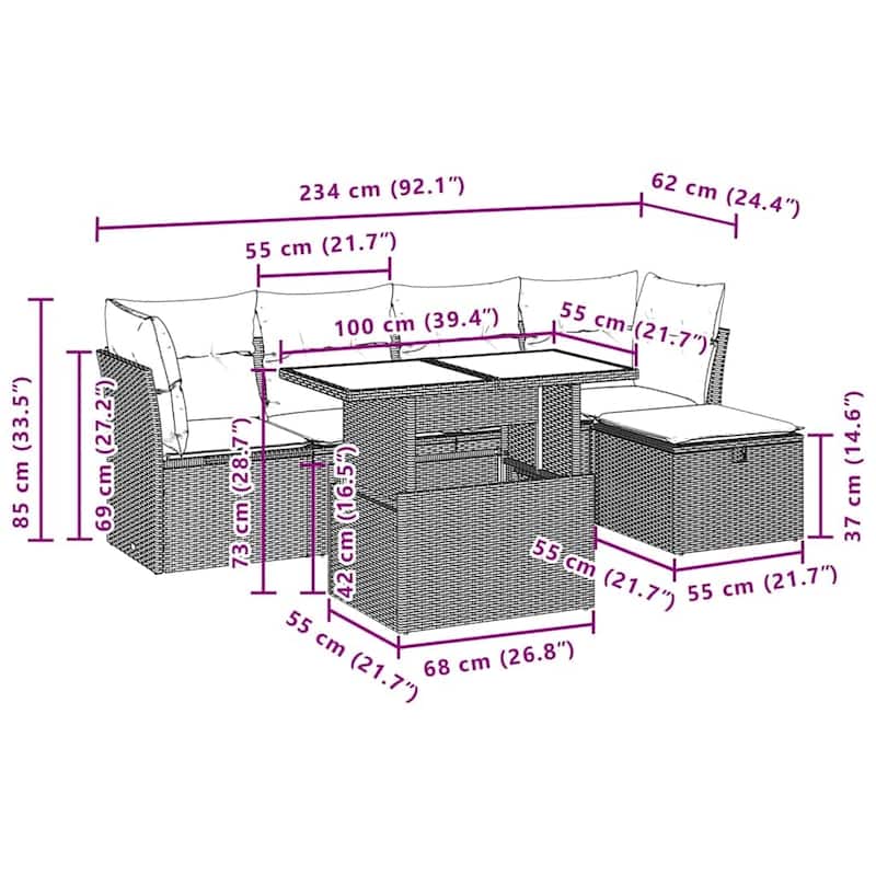 vidaXL Patio Sofa Set with Cushions Outdoor Furniture 6 Piece Poly Rattan - 21.7 x 39.4 x 28.7 in