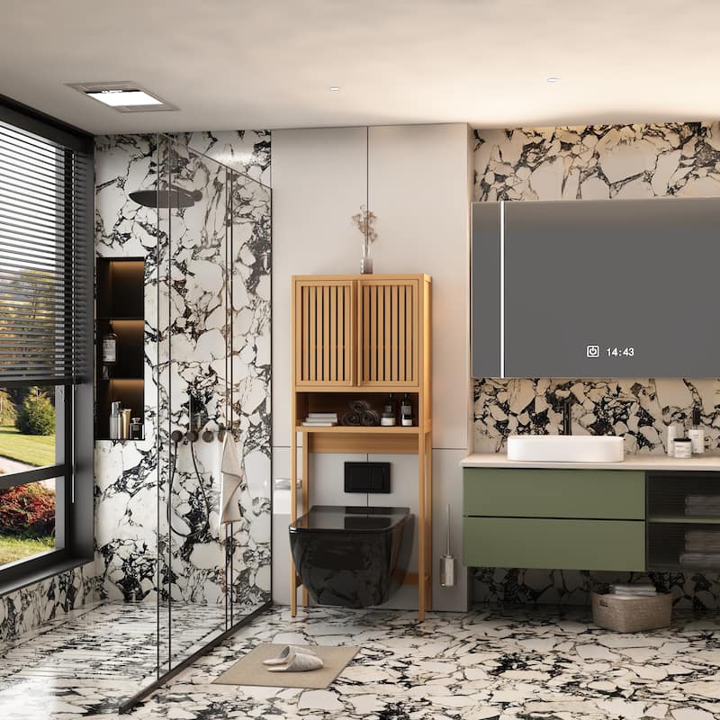 Bamboo Over The Toilet Storage Cabinet with Shelf and Double Doors