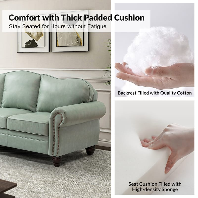 Balvino 81" Wide Transitional Genuine Leather Rolled Arm Sofa with Nailhead Trim and Removable Cushions