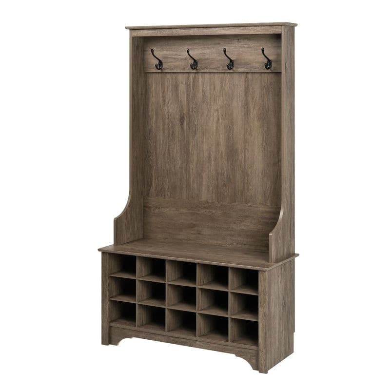 Grey Entryway Hall Tree Shoe Cubbie Coat Rack - 68'' H x 38'' W x 15.5'' D
