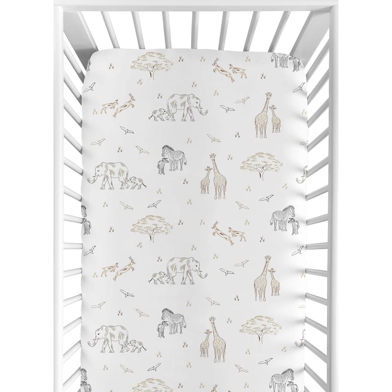 Jungle Safari Animals Boy Girl Fitted Crib Sheet Taupe Black White Gender Neutral Elephant Giraffe Wildlife Adventure Serengeti