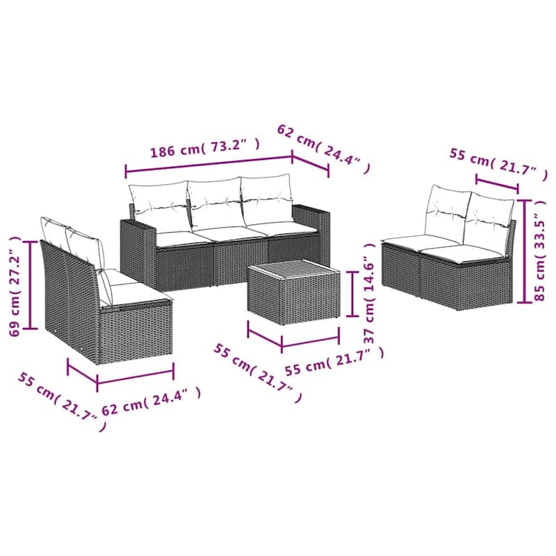 vidaXL Patio Sofa Set with Cushions Outdoor Furniture 8 Piece Poly Rattan - 25.8 x 24.4 x 27.2