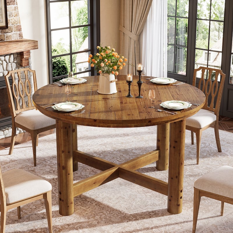 47 Inch Round Dining Table for 4-6, Solid Wood Kitchen Table, Farmhouse Style - 47.24" L x 47.24" W x 29.53" H