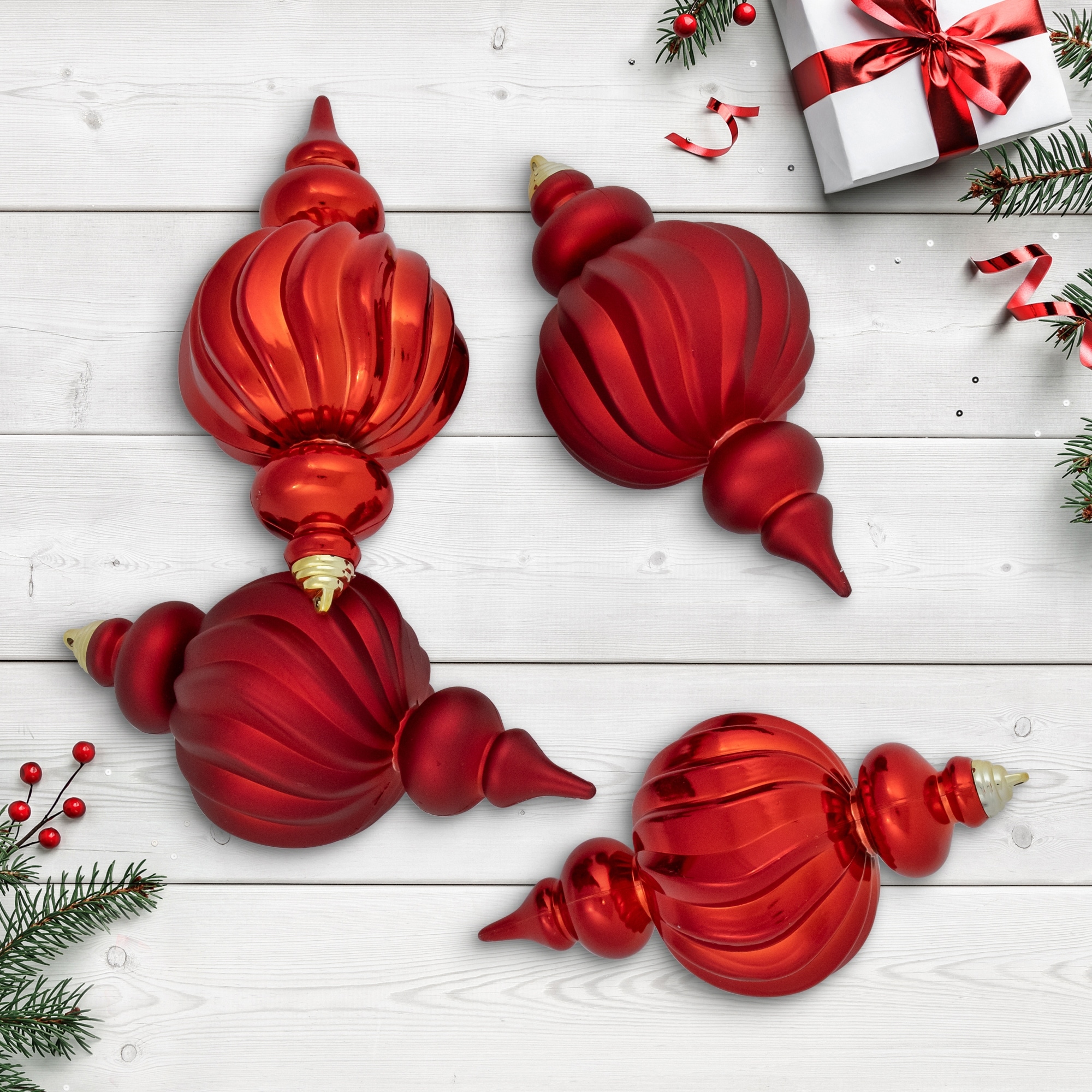 2-Finish Size Finial Shatterproof Christmas Ornaments 10" Red 4